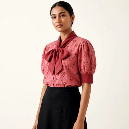 Handcrafted Cherry Knot Top with Puff Sleeves Cotton